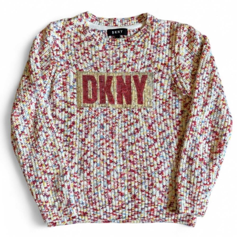 DKNY Girls Sweater Size M Colorful Chenille Sequin Fuzzy Knit Pullover Soft